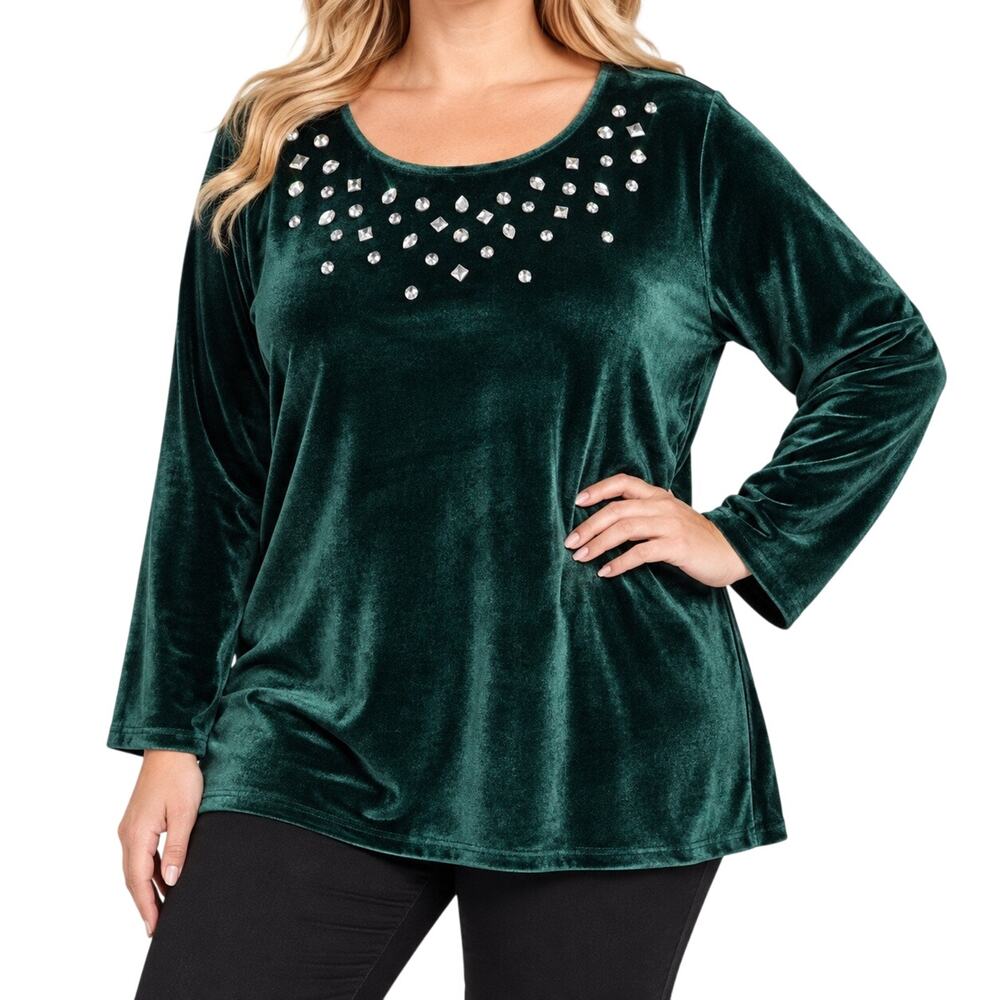 Quacker Factory Sz 3X Green Velvet Blouse Shirt Top Christmas Holiday Festive